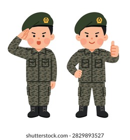 Cute Soldier Characters Saluting Thumbs Up Military Cartoon Illustration Set