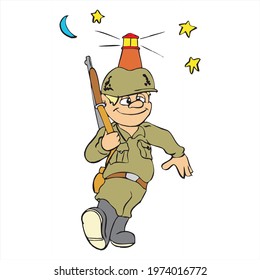 Cute soldier falling asleep while night watch with his rifle