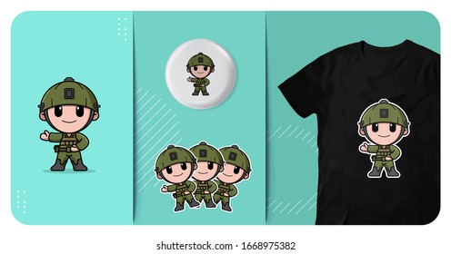 cute soldier with helmet logo character mascot t shirt badge and sticker design