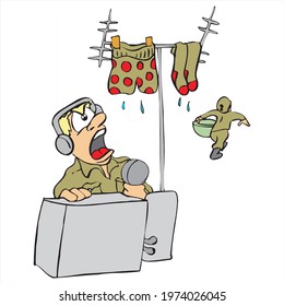 Cute soldier reaction when a soldier hanging wet cloth on radio signal