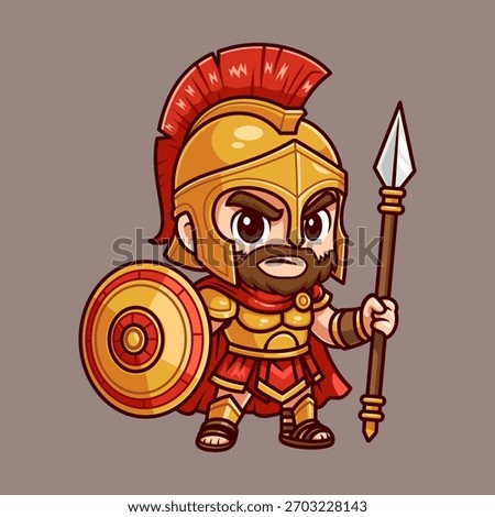 Cute Soldier Warrior With Spear And Shield Cartoon Vector Icon Illustration. People Holiday Icon Concept Isolated Premium Vector. Flat Cartoon Style