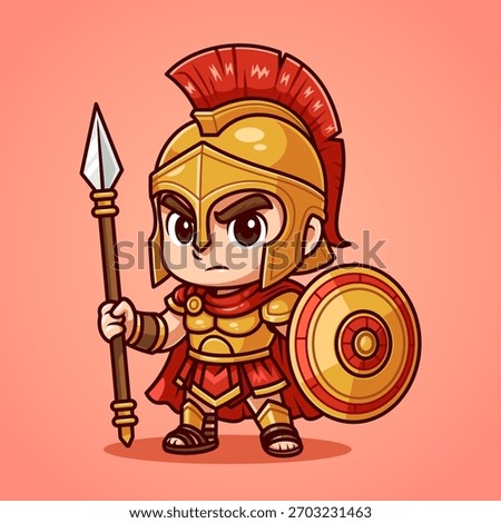 Cute Soldier Warrior With Spear And Shield Cartoon Vector Icon Illustration. People Holiday Icon Concept Isolated Premium Vector. Flat Cartoon Style