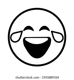 Cute solid line social media face with tears of joy emoji on white background. Royalty free.