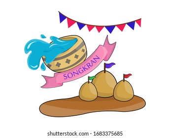 cute songkran festival sign and water  of Thailand design background, illustration