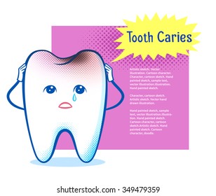 Cute sorrowful aching tooth character on burst speech bubble design background.