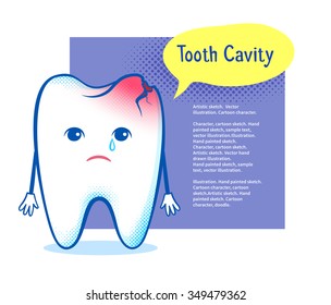 Cute sorrowful damaged tooth character on speech bubble design background.