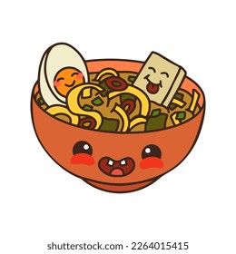 
Cute soup plate character. Miso Ramen with noodles, tofu and egg. Japanese cuisine.