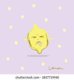 cute sour lemon character isolated with pattern background, funny&kawaii cartoon lemon