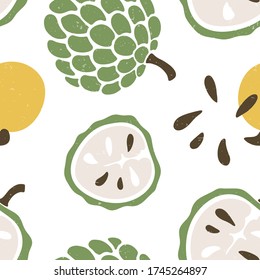 Patrón transparente. Masa madura (annona) y lóbulos de arándanos sobre fondo blanco. Vector shabby ilustración dibujada a mano