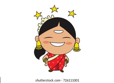 Cute South Indian Lady Character happy. Vector Illustration. Isolated on white background.