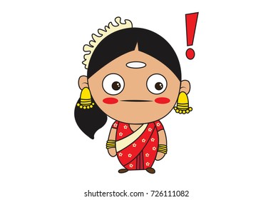Cute South Indian Lady Character . Vector Illustration. Isolated on white background.