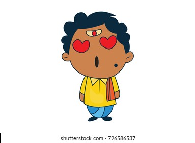 Cute South Indian Man Character in love. Vector Illustration. Isolated on white background.