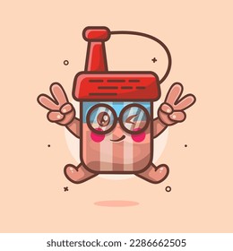 cute soy sauce bottle character mascot with peace sign hand gesture isolated cartoon in flat style design
