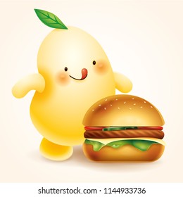 Cute soybean with a burger vector illustration. Isolated.
