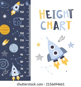 Cute Space Adventure Height Chart With Rockets And Planets. Outer Space Kids Ruler For Nursery. Cosmic Print With Scale For Children.