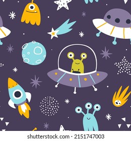 Cute space adventure pattern with aliens on the ufo. Funny seamless cosmic print for baby textile and nursery fabric.