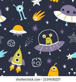 Cute space adventure pattern with aliens on ufo. Funny seamless cosmic print for baby textile and fabric.