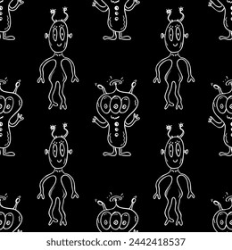 Cute space adventure pattern with funny aliens. Seamless cosmic print for baby textile and nursery fabric. Doodle ufo monsters, black and white wallpaper, monochrome. hand drawn vector illustration