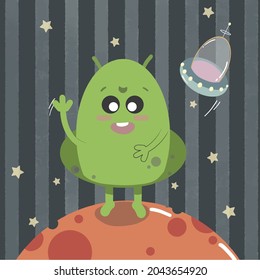 Espacio lindo alienígena, feliz monstruo amistoso con ufo. Kawaii estilo marciano en el espacio. Vector
ilustración aislada en fondo oscuro.