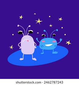 Cute space aliens or monsters, happy and angry cosmic childrens characters. Print, illustration for kids textile, pack, fabric, wallpaper, wrapping.

