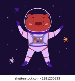 Cute space animal vector illustration. Bear astronaut in outer space, cartoon animal. Little explorer universe. Ideal for kids concepts. International Day of Human Space Flight and Cosmonautics Day