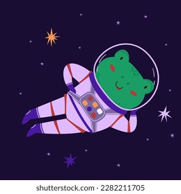Cute space animal vector illustration. Frog astronaut in funny pose in outer space, cartoon animal. Little explorer universe. Ideal for kids concepts. International Day of Human Space Flight and