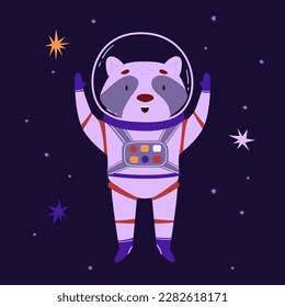 Cute space animal vector illustration. Raccoon astronaut in outer space, cartoon animal. Little explorer universe. Ideal for kids concepts. International Day of Human Space Flight and Cosmonautics Day
