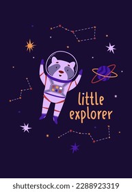 Cute space animal vector illustration. Raccoon astronaut in outer space, cartoon animal. Little explorer lettering. Ideal for kids concepts. International Day of Human Space Flight and Cosmonautics