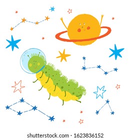 Cute space animals. Funny caterpillar flies in space. Stars, sky, planet and constellations. Cosmos background. Cartoon illustration for kids. Poster for baby. Nursery art for babies. Cosmonaut.