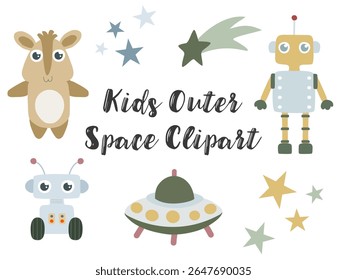 Cute Space Animals and Robots Vector Bundle, Kids Outer Space Clipart, Cartoon UFO and Stars Set