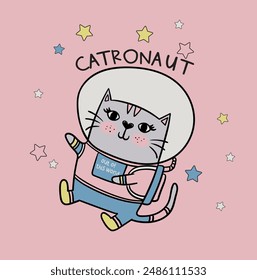 Ilustración vectorial del gato del astronauta del espacio lindo con el lema del caricaturista