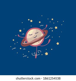 Cute space baby planet. Cartoon global picture for children's textiles or clothing. Children's planetary, space, milky way, fashion, clothing. Cute Jupiter dancing in a circle of stars. Isolated