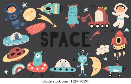 Cute space banner. Hand drawn. Set of doodle cartoon cosmos characters for nursery posters, cards, kids t-shirts. Vector illustration. Spaceman, aliens, rockets, planets, UFO.