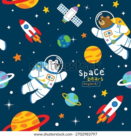 Cute Space Bears Astronaut Seamless Pattern with Rockets and Planets Vector 