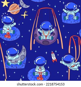 Cute Space cadets. Kid or Baby astronauts playing space themed toys. Seamless pattern. Great for Spring or Summer fabric, scrap-booking, gift-wrap, wallpaper, product design. Surface design. Vector