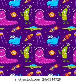 Cute space cartoon monsters. Aliens. Bright multi-colored rockets in space. Galaxy, dreams, universe. Space travel. Hand drawn childish Seamless pattern.
