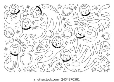 Cute space cat astronauts, funny kitten cosmonaut wearing spacesuit, helmet outline set. Kawaii domestic animals enjoying in space travel, exploring galaxy engaged in comic mission vector illustration