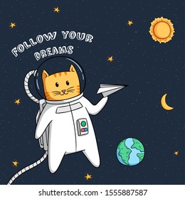 Cute space cat with paper plane
