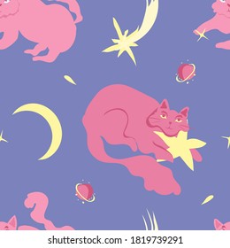 Cute space cats with planets, moons, comets and stars on periwinkle blue background