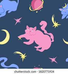Cute space cats with planets, moons, comets and stars on dark dusky blue background