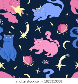 Cute space cats with planets, moons, comets and stars on dark blue background