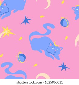 Cute space cats with planets, moons, comets and stars on pastel pink background