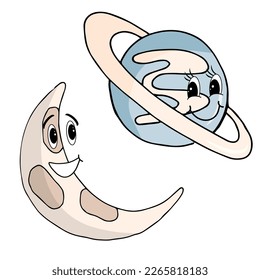 Cute space characters planet and moon on a white background. Cartoon vector illustration.