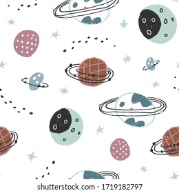 Cute space.  Childish seamless pattern with planets and stars. Vector texture in childish style great for fabric and textile, wallpapers, backgrounds.