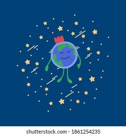 Cute space children's illustration of the Earth. Cartoon global picture for children's textiles or clothing. Children's planetary, space, milky way, fashion, clothing. A beautiful planet with a crown