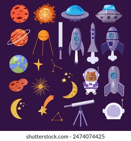 Cute space clipart set with cat astronaut, aliens, spaceships and planets. Space set. Cosmic bundle with doodle spaceships and planet. Collection of naive stellar stickers.