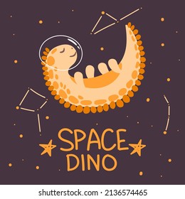 Cute space dinosaur with a planet, stars, and comets around it. Flat style vector. Dinosaur astronaut. Can be used for postcards, children's fashion, textiles, fabrics, posters, t-shirts. 