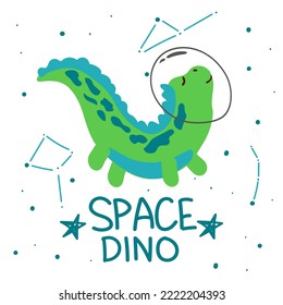Cute space dinosaur with a planet, stars and comets around it. Flat style vector. Dinosaur astronaut. Can be used for postcards, children's fashion, textiles, fabrics, posters, t-shirts. 