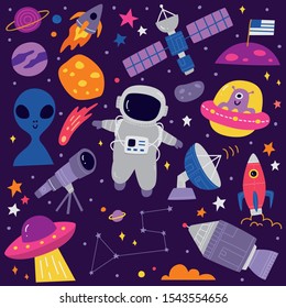 Cute space doodle cartoon with astronaut, alien, spaceship etc