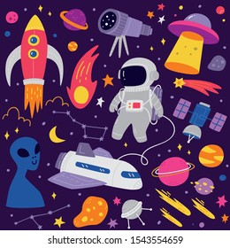 Cute space doodle cartoon with astronaut, alien, spaceship etc